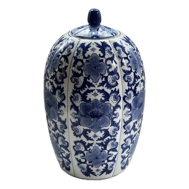 Blue and White Flower Chinoiserie Large Pumpkin Jar For Sale