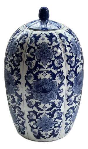 Blue and White Flower Chinoiserie Large Pumpkin Jar
