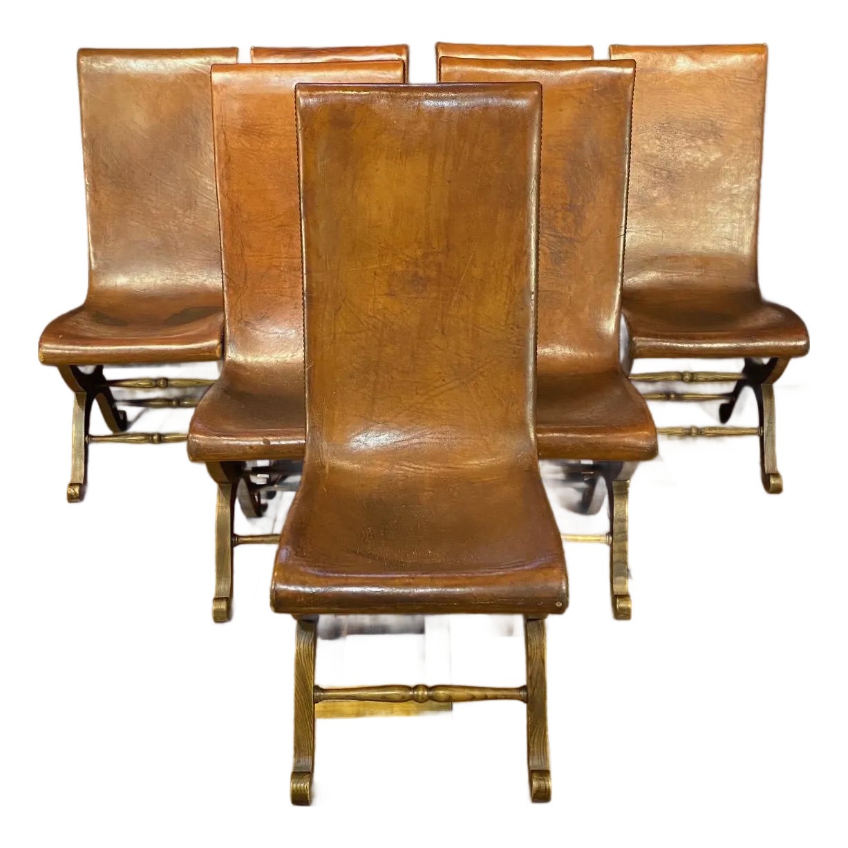 Mid Century Modern Leather and Oak Dining Chairs -Set of 7 | Chairish
