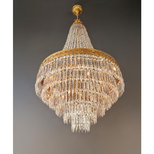 Antique Crystal Basket Chandelier Brass Directoire Style Restored Empire Italy For Sale - Image 4 of 11