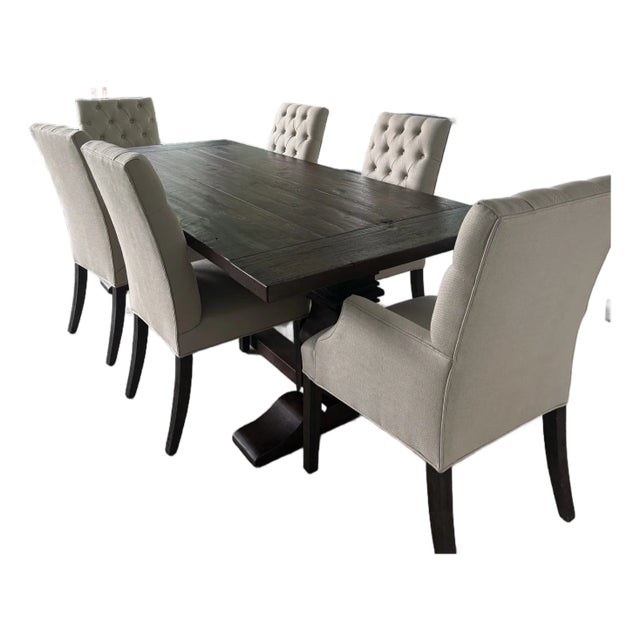 Restoration Hardware Salvaged Wood Trestle Extension Dining Table With 6 Bennett Parsons Chairs For Sale