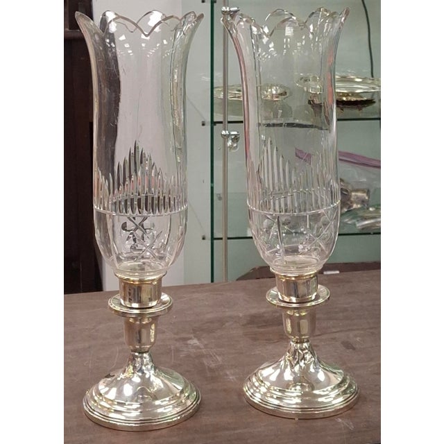 Pair 19th Century Revere Silversmiths Weighted Sterling Silver and Hurricane Crystal Shade Candle Holders. Measure 4.5" in...