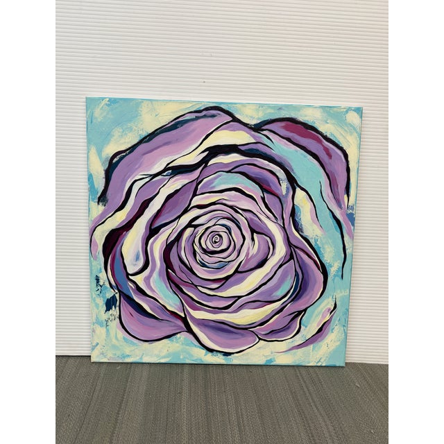 P. Black Signed Pop Art Stylized Teal + Lavender Rose Acrylic Painting For Sale - Image 10 of 12