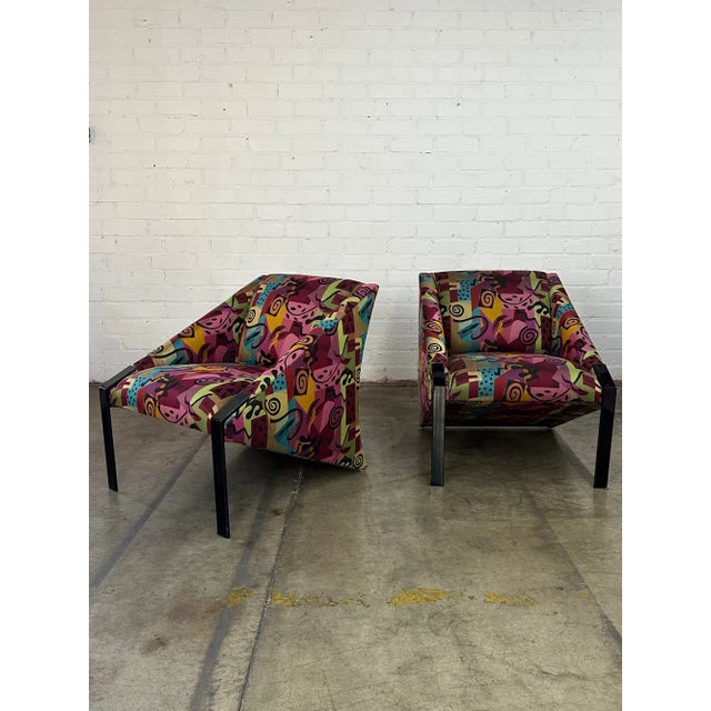 27.5 D30 H31 SW23 SD21 SH18 AH20 Angular post modern lounge chair in colorful original fabric. Lounge chair features a...