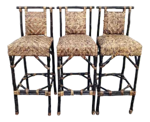Vintage Branch Wicker Palecek Style Rustic Bar Stools- Set of 3