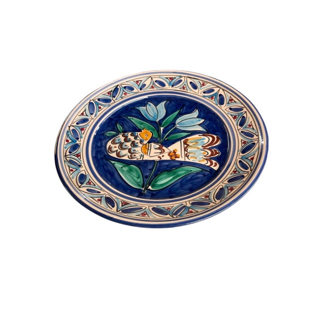 2000 - 2009 Vintage Hand-Painted Mediterranean Ceramic Wall Plate - Bird & Tulip Motif For Sale - Image 5 of 12