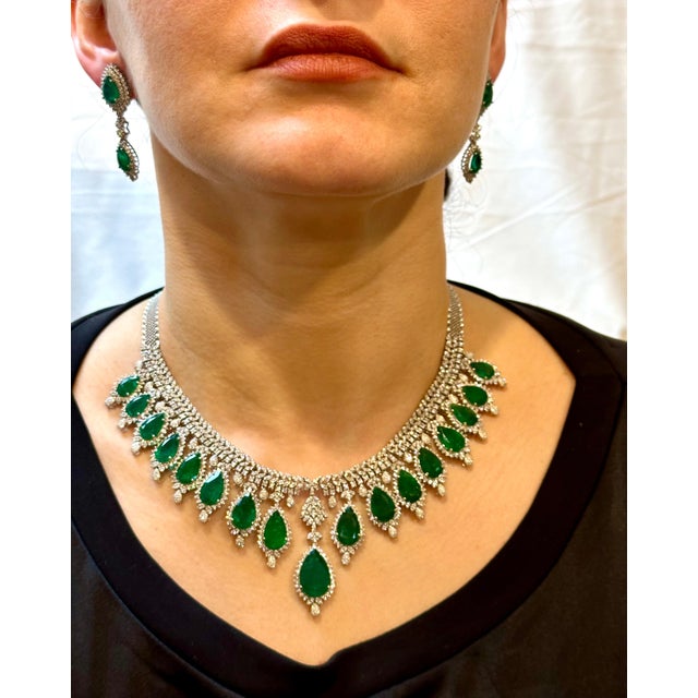 Gia Certified 73ct Zambian Emerald & 22ct Diamond Necklace Earring Bridal Suite For Sale - Image 4 of 8