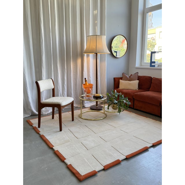 Beautiful modern asymmetrical square wool rug in beige and coral by Tisca Tiara from Austria. Made in 2006 this rug...