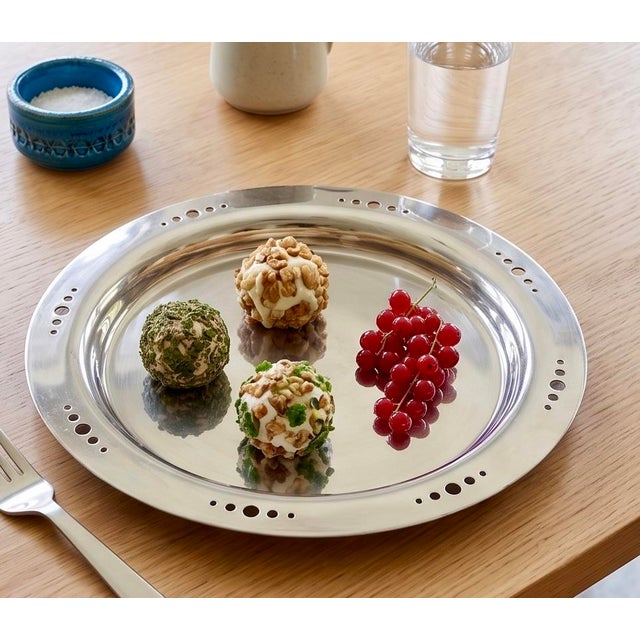Mid-Century Modern Vintage Kris Fiocca "Industrial Chic" Perforated Platter 14" Stainless Steel | Made in Usa | Circa 1980s For Sale - Image 3 of 6