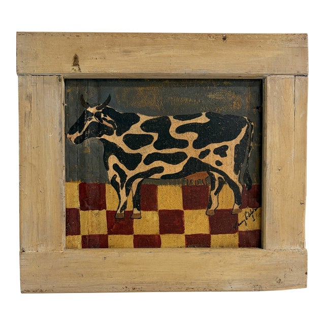 Nancy G. Watson Folk Art Cow Painting – Signed Original on Tin in Wood Frame For Sale