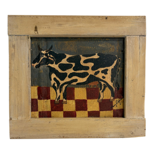 Nancy G. Watson Folk Art Cow Painting – Signed Original on Tin in Wood Frame