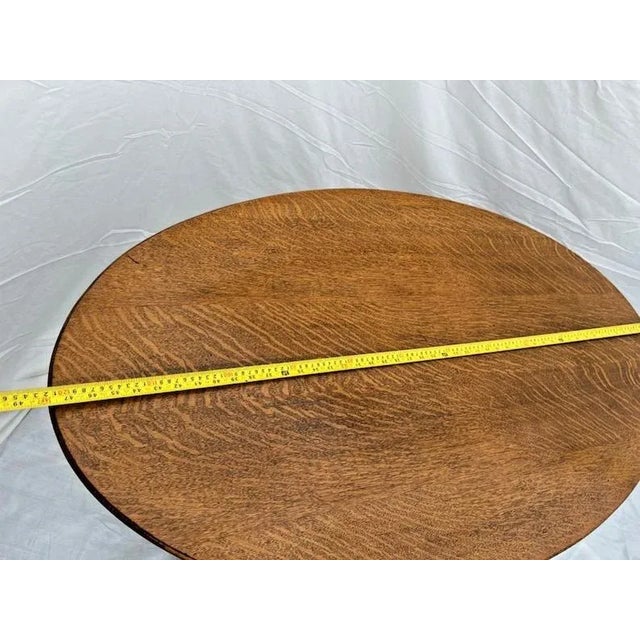 1910s Oval Desk Writing Table Tiger Oak Drawer Shelf Fluted Base Columns For Sale - Image 9 of 10