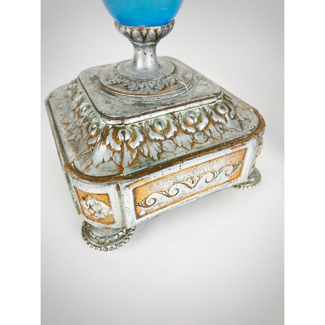 Pair of Antique Signed p.h. Mourey French Victorian Silvered Metal & Sèvres Style Porcelain Three-Light Candelabras For Sale - Image 9 of 12
