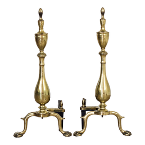 Antique French Solid Brass and Cast Iron Fireplace Andirons Bird Claw Feet Set of 2