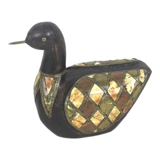 Vintage Duck Carved Wood Brass Copper Bone Folk Art For Sale