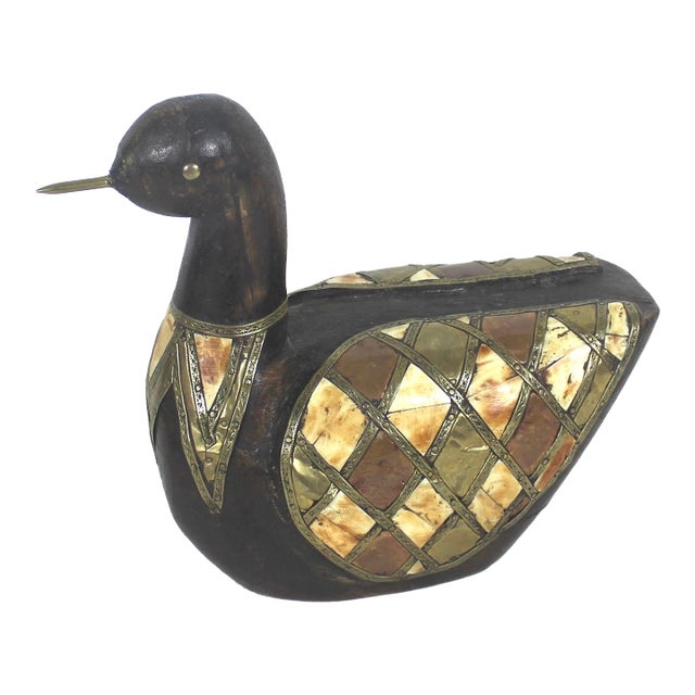 Vintage Duck Carved Wood Brass Copper Bone Folk Art For Sale