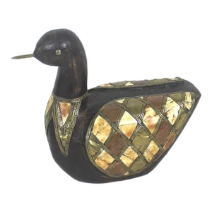 Vintage Duck Carved Wood Brass Copper Bone Folk Art