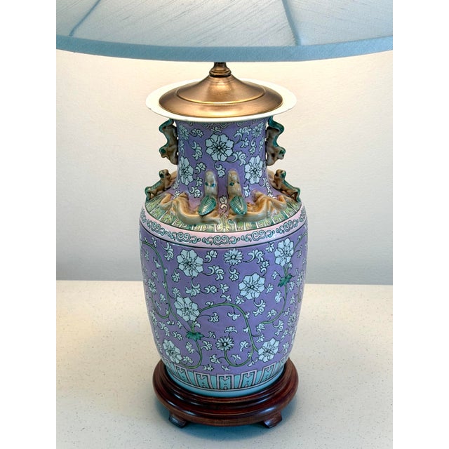 Chinese Vintage Chinese Porcelain Floral Lamp With Dragon Relief For Sale - Image 3 of 12