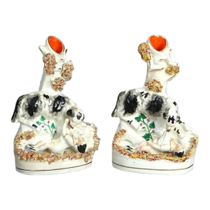 Antique Pair of Polychromed Porcelain Spill Vases Child & Dog 1870