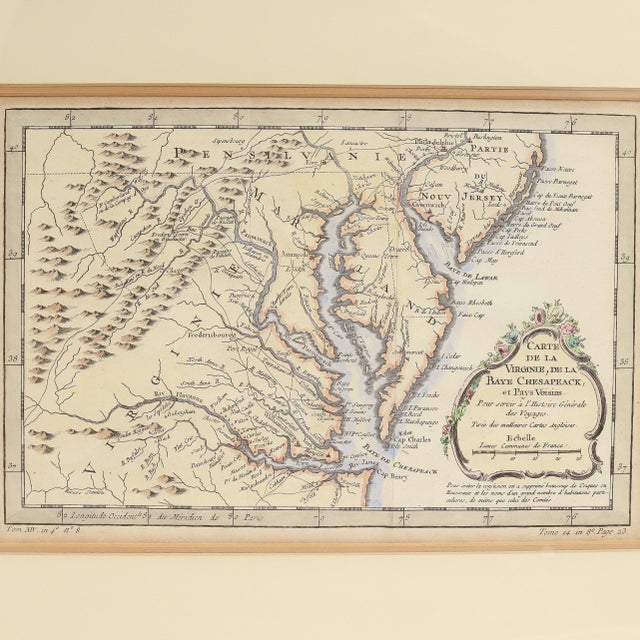 A fine antique 18th century French map of North America. By Jacques-Nicolas Bellin. On laid paper with polychrome...