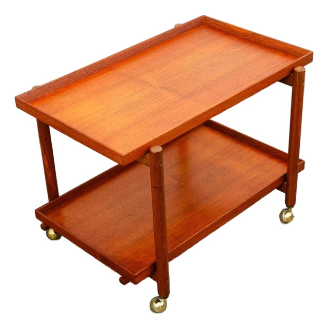 Mid Century Danish Modern Serving Cart Trolley Teak Rolling Bar Expanding MCM For Sale