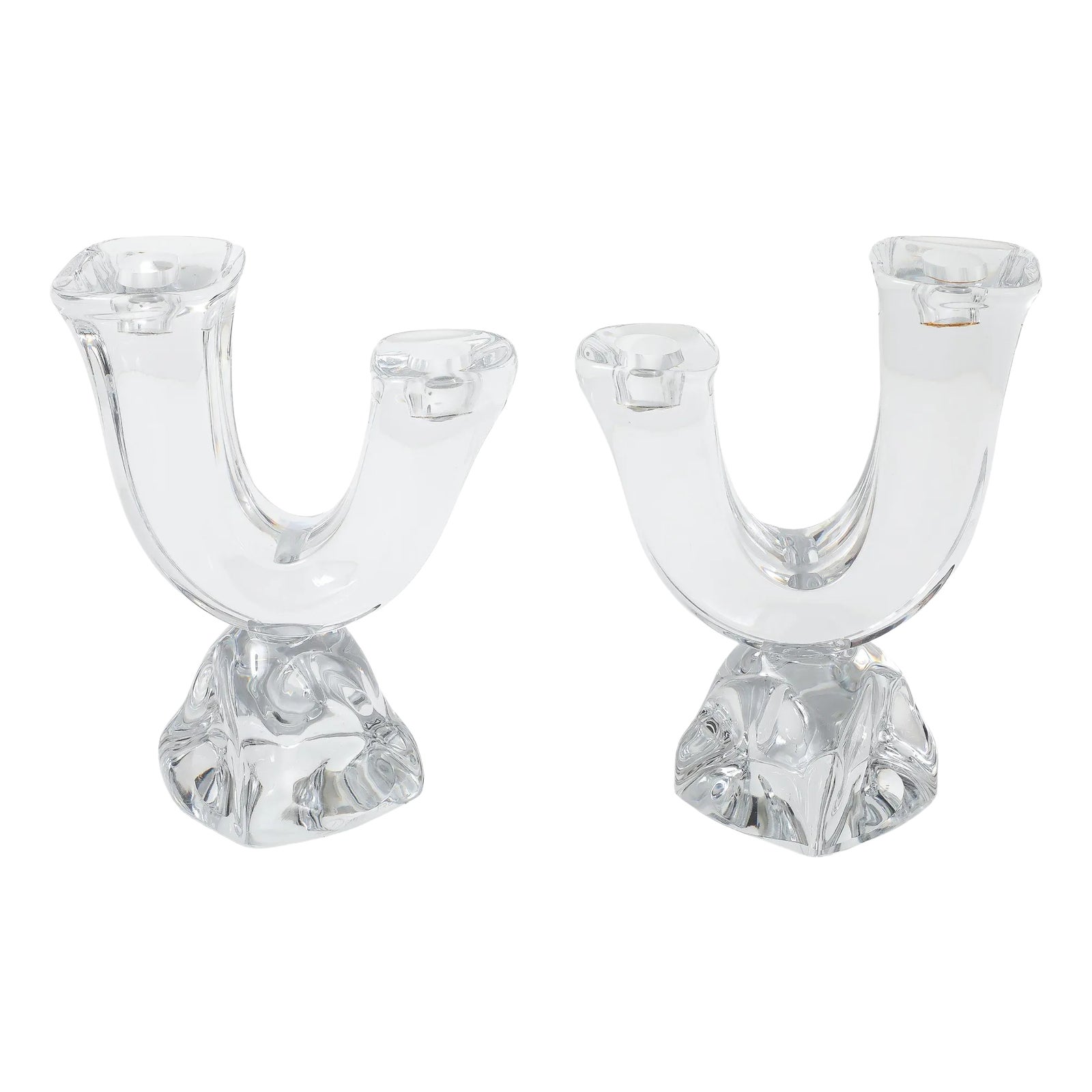1970's Daum France Crystal Glass Candle Holders - A Pair | Chairish