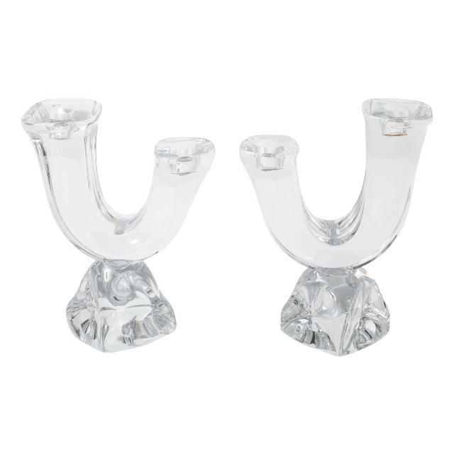 1970's Daum France Crystal Glass Candle Holders - A Pair For Sale