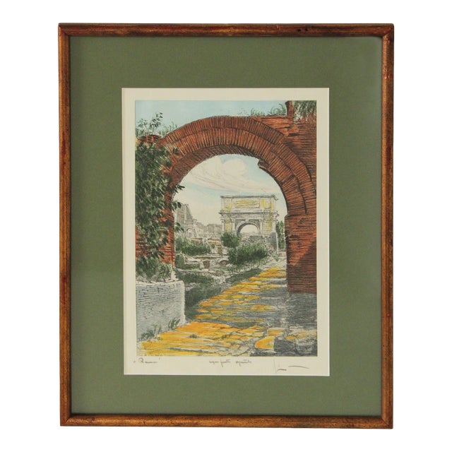 Mid 20th Century Italian Roman Ruins Colored Etching by Sziklay Bela For Sale