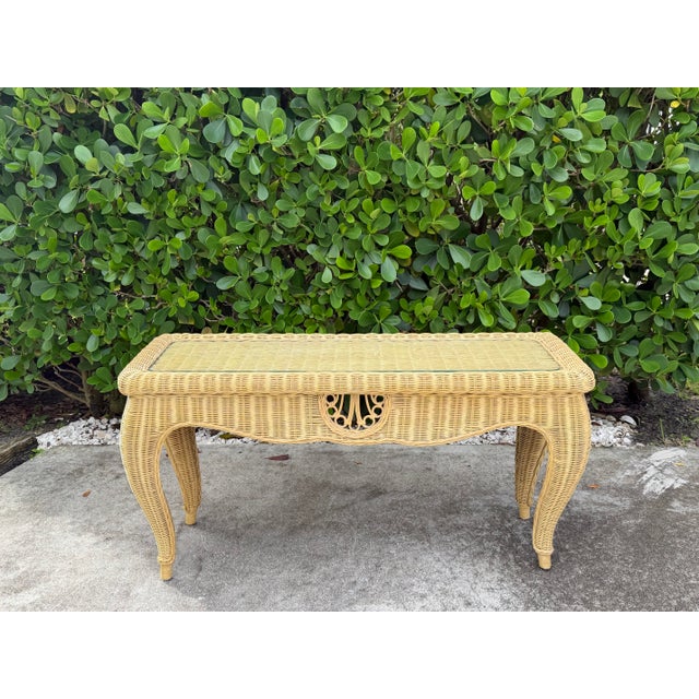 Ethan Allen Vintage Sculptural Rattan Console Table With Glass Top For Sale - Image 4 of 13