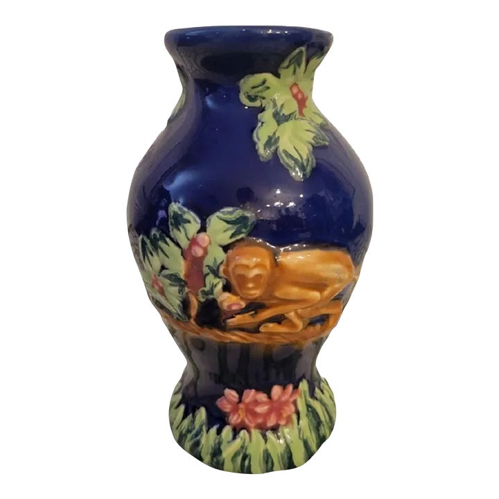 Vintage Majolica Style Navy Blue Whimsical Monkey Floral Vase
