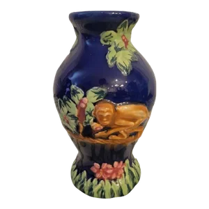 Vintage Majolica Style Navy Blue Whimsical Monkey Floral Vase Vessel