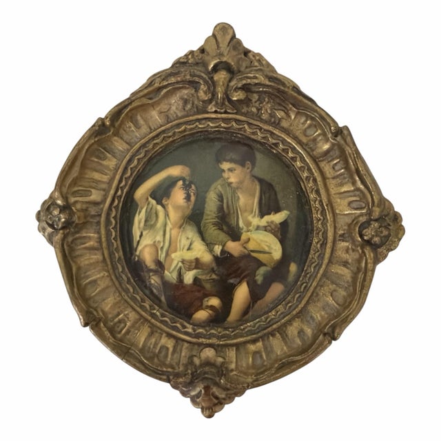 Mid century wood Florentine frames with romantic prints. As many of this age these are missing the original paper back. No...