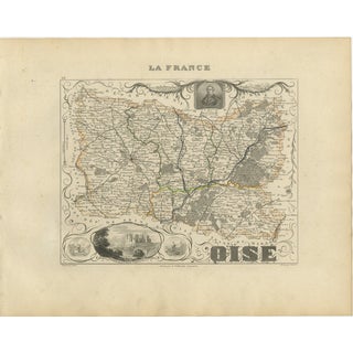 Antique Decorative Map of Oise by Vuillemin, France, 1850 For Sale