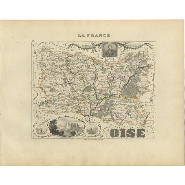 Antique Decorative Map of Oise by Vuillemin, France, 1850 For Sale
