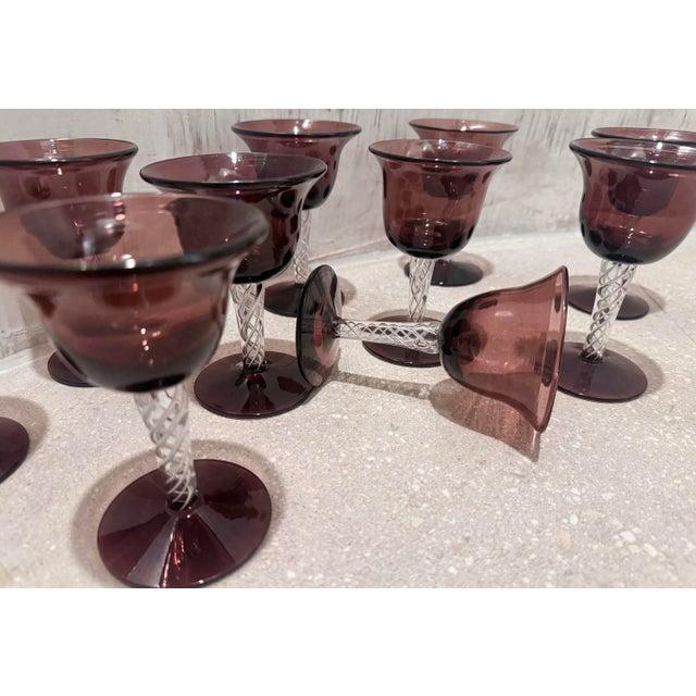 Mid 20th Century Rare Vintage Mid-Century Bill Blenko Designed Art Glass Air Twist Amethyst Port/Dessert Glasses- Set of 10 For Sale - Image 5 of 12