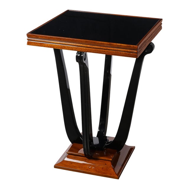 Art Deco Machine Age Square Walnut Occasional Table W/ Black Mirror Glass Top For Sale