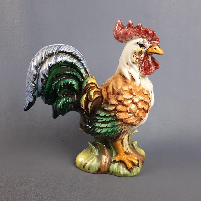 Stunning vintage ceramic rooster statue, multicolored statue signed on an Italy base, excellent workmanship, very...