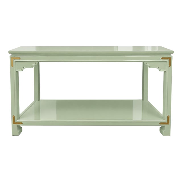 Chinoiserie Console Table in High-Gloss Lacquer With Brass Corner Accents For Sale