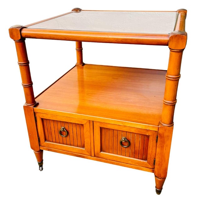 Mid-Century Bamboo Square End Tables on Casters With Glass Tops - a ...