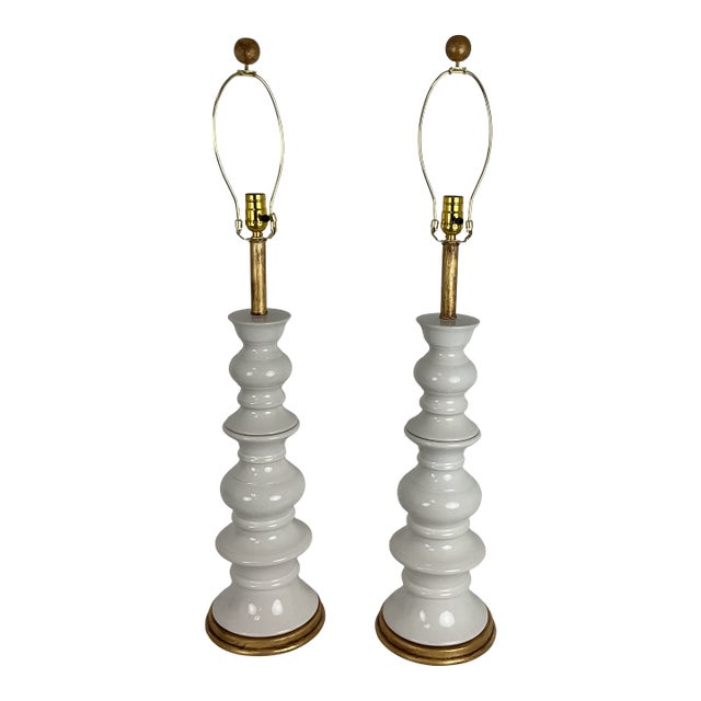 Vintage Tall White Ceramic Column Lamps - a Pair For Sale