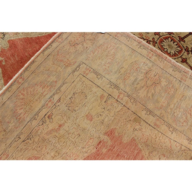 Classic Antique Sivas Rug Turkish in Medallion Design With Coral Red Field & Light Green For Sale - Image 10 of 11