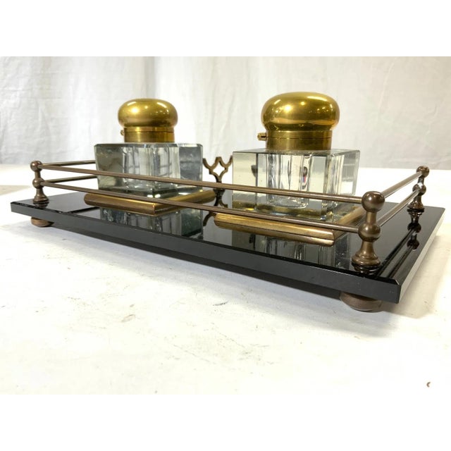 Late 19th Century Antique Crystal and Brass Double Inkwells With Footed Base For Sale - Image 5 of 7