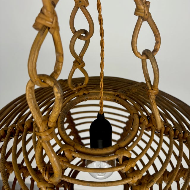 Wood Mid-Century Italian Bamboo Rattan UFO Pendant Lamp, 1960s For Sale - Image 7 of 8