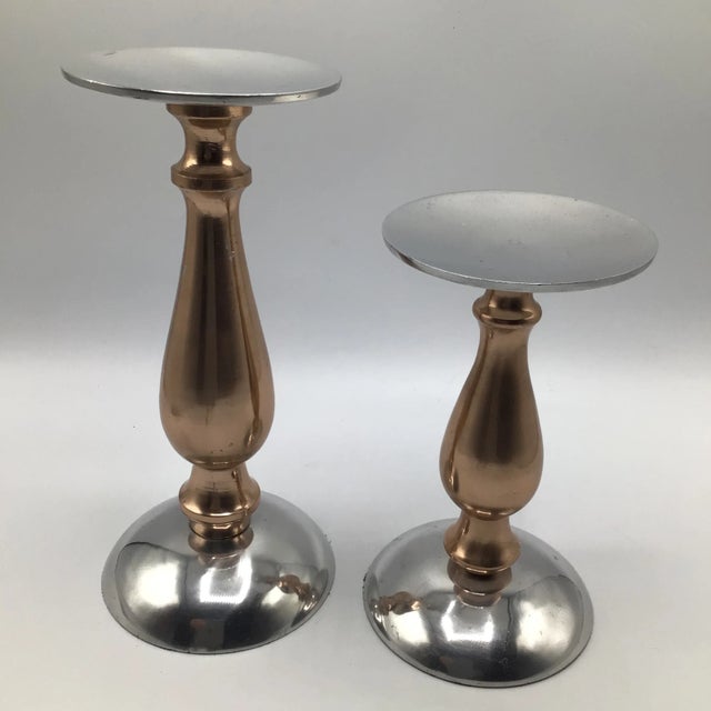 Pillar Candle Holders Silver & Rose Gold Anodized Aluminum - A Pair For Sale - Image 13 of 13