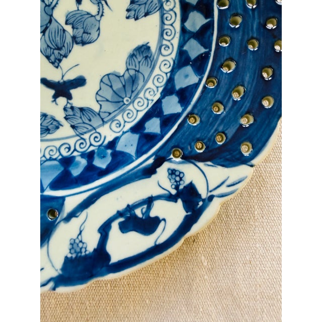 Antique Chinese Blue and White Reticulated Plate Monkeys Peaches Bats Lotus Late Qing Porcelain For Sale - Image 11 of 11
