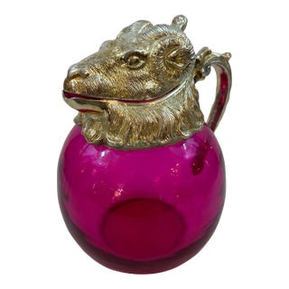 Antique English Claret Wine Decanter/ Carafe of Raspberry Colored Glass and Silver Plate, England For Sale