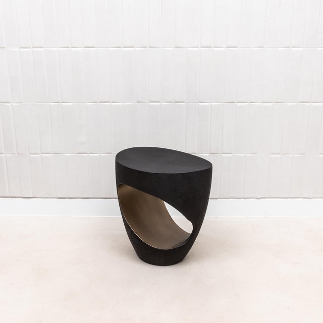 Modern Stool in Black Shagreen With Bronze Patina Brass by R&y Augousti For Sale - Image 3 of 11