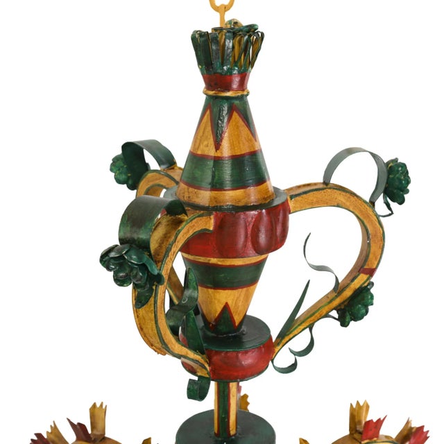 Vintage Six-Arm Tole Chandelier Hand-Painted in Gold, Green, and Red For Sale - Image 4 of 13