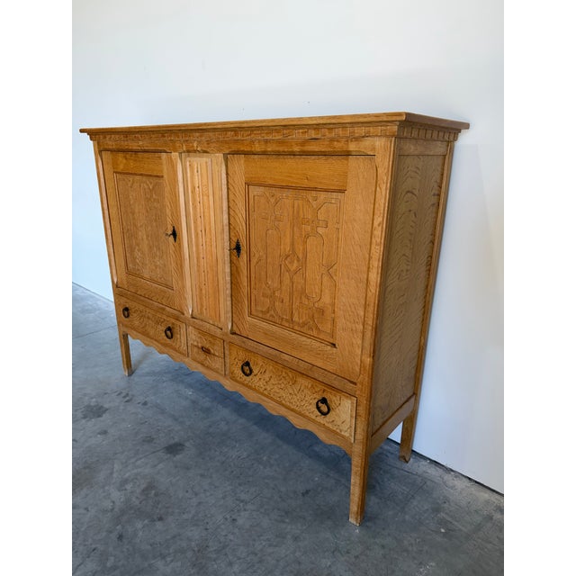Tan 1970s Danish Oak Brutalist Carved Front Sideboard Attrb Henning Kjaernulf For Sale - Image 8 of 12
