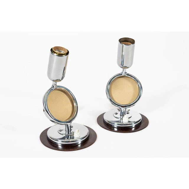 This rare pair of antique Art Deco Bauhaus style table lamps are circa 1930. These small, lovely polished chrome table...